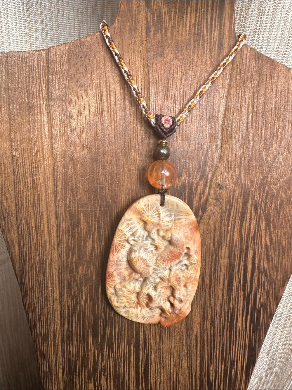 Oval Coral Fossil Birds Carving Pendant on Mixed Color Adjustable Rope
